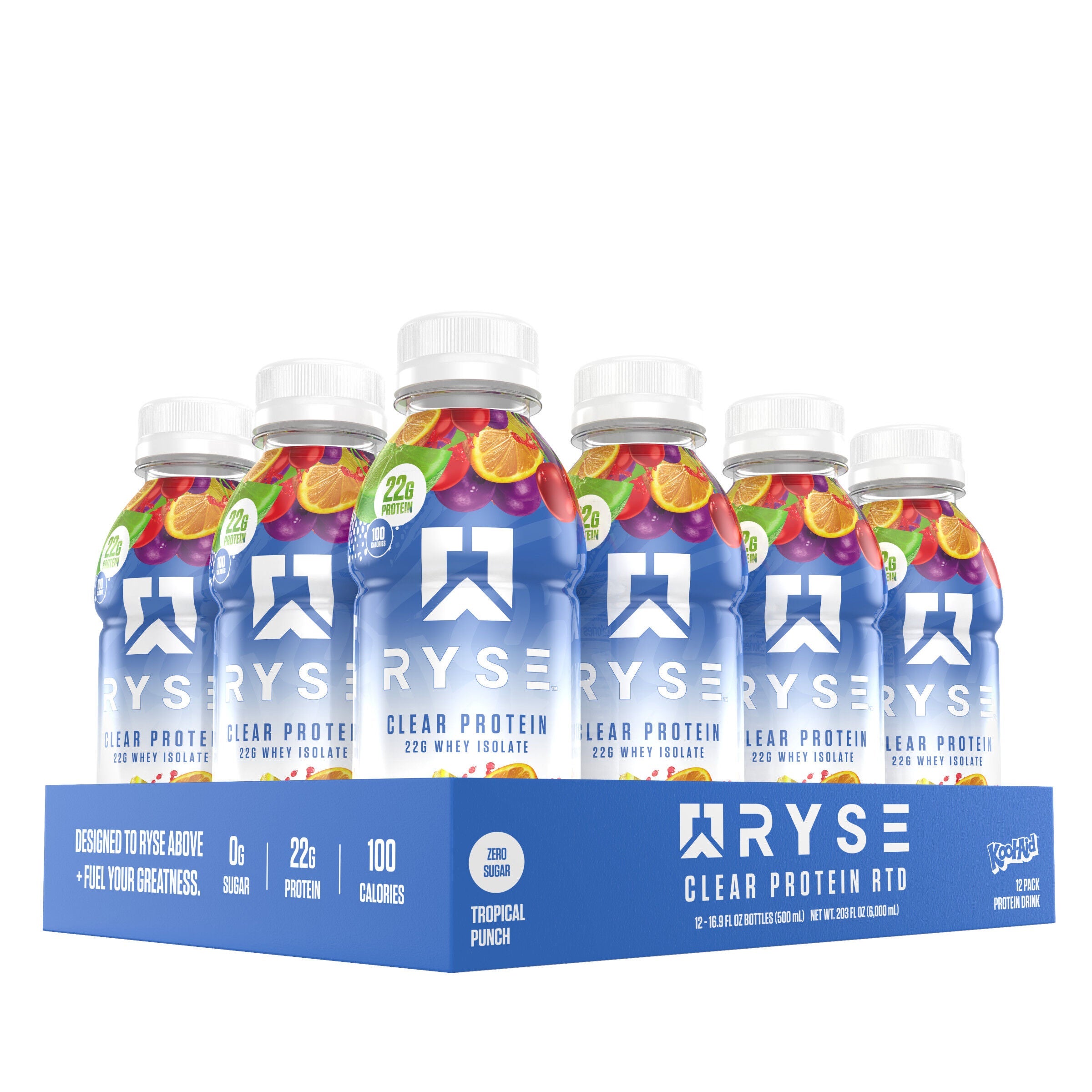 RYSE Clear Protein RTD - Kool-Aid Tropical Punch - 16.9 fl oz (12 Bottles)